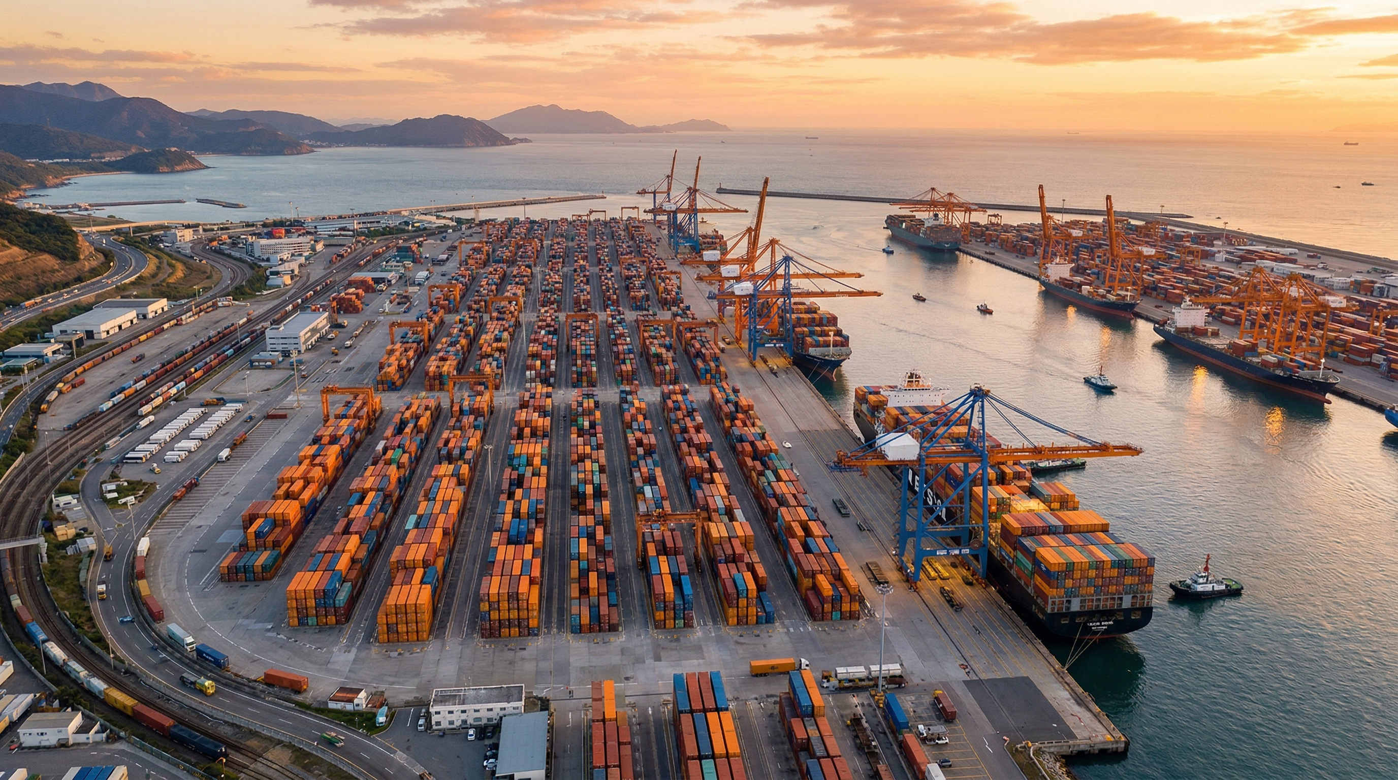 Global cargo port operations at sunset